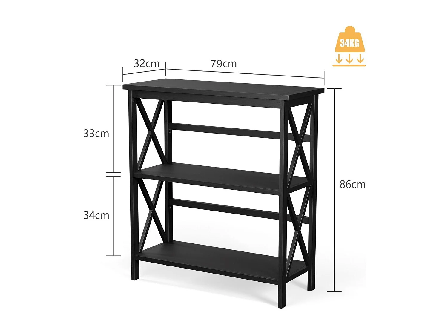 Bibliothèque Étagère de Rangement 3 Niveaux Table Console Dispositif Anti-Basculement Entrée Salon Bureau Noir