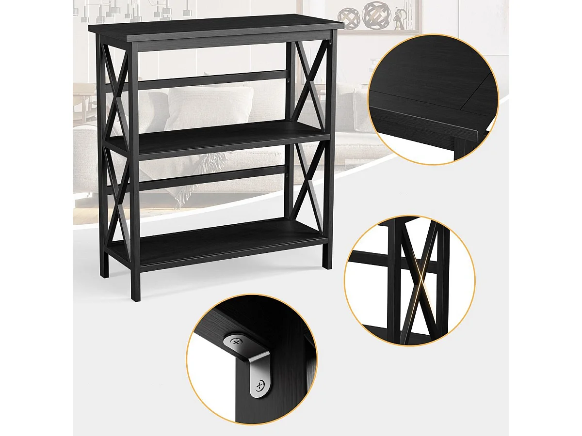 Bibliothèque Étagère de Rangement 3 Niveaux Table Console Dispositif Anti-Basculement Entrée Salon Bureau Noir