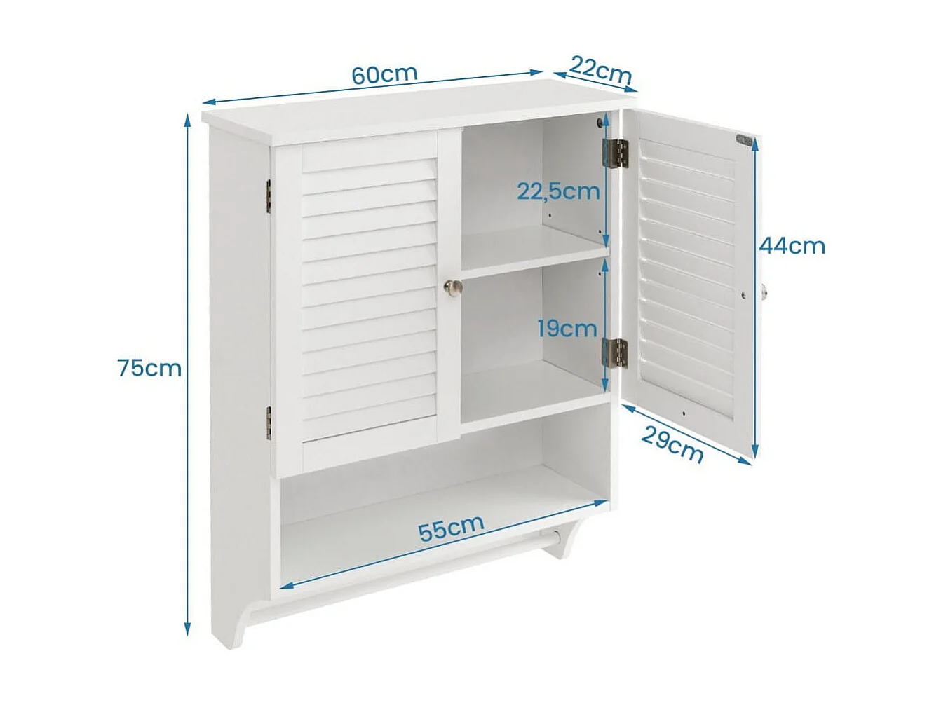 Wandschrank Hängender Medizinschrank mit 2 Lamellentüren 58 x 22 x 75 cm Weiß