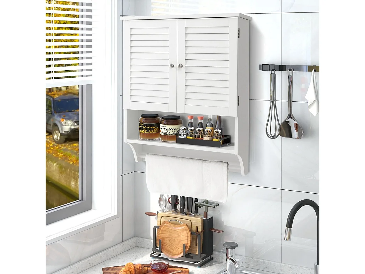 Wandschrank Hängender Medizinschrank mit 2 Lamellentüren 58 x 22 x 75 cm Weiß