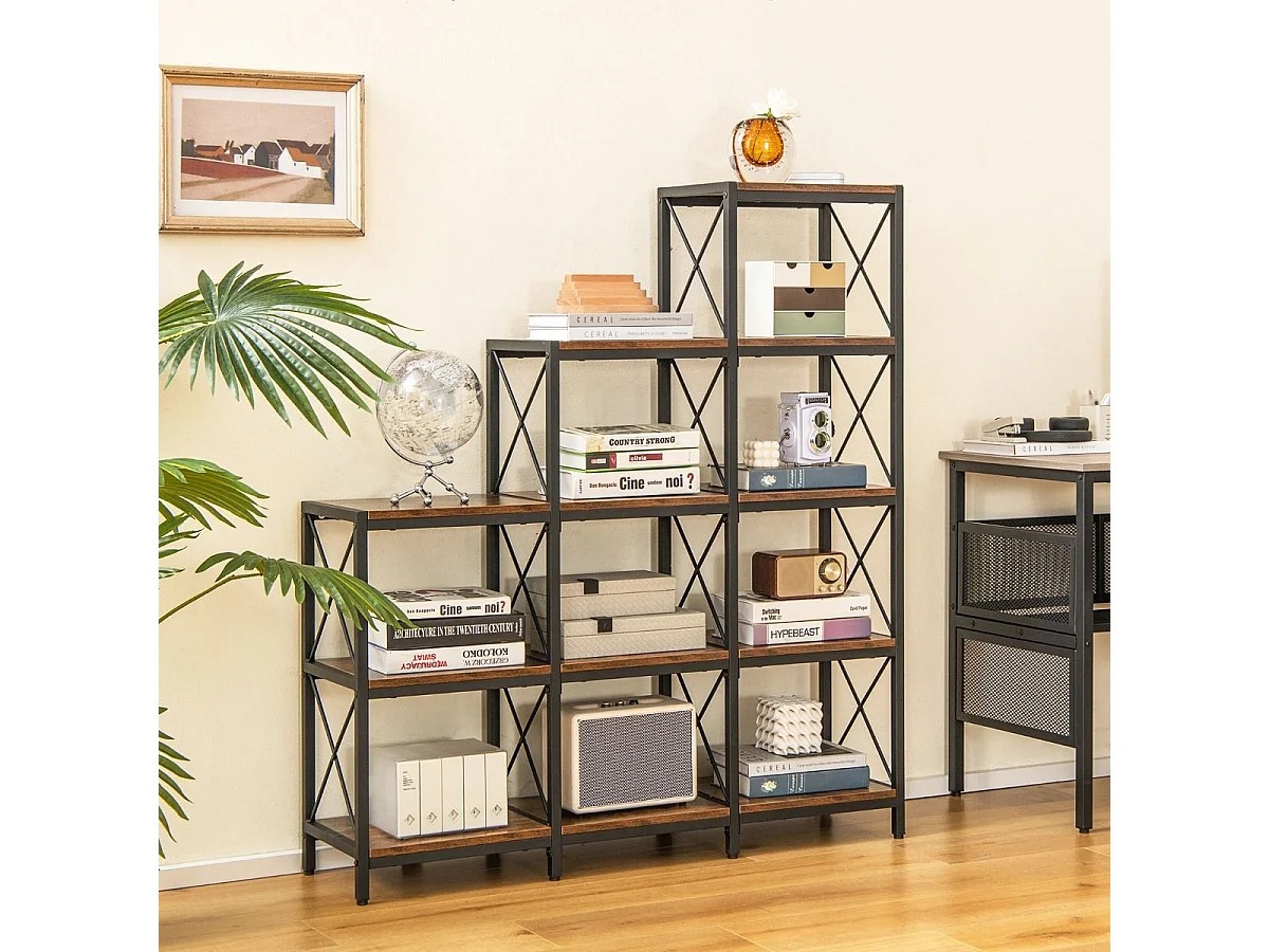 Bibliothèque Industrielle à 9 Compartiments Étagère de Rangement 5 Niveaux avec Cadre en Acier Dispositif Anti-basculement