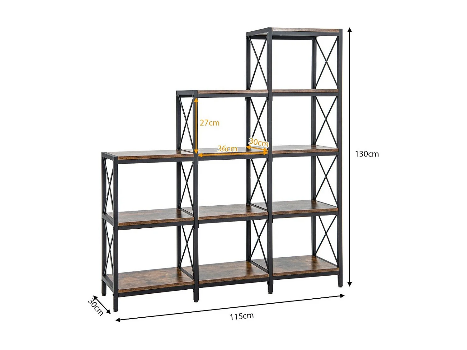 5-stufiges Bücherregal mit Rahmen aus Kohlenstoffstahl Kippschutz & verstellbaren Fußpolstern Rustikales Braun