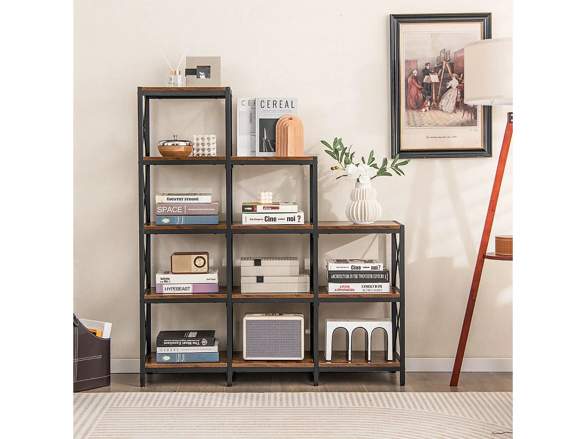 5-stufiges Bücherregal mit Rahmen aus Kohlenstoffstahl Kippschutz & verstellbaren Fußpolstern Rustikales Braun