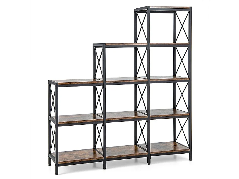Scaffale a 5 livelli in acciaio al carbonio con 9 cubi piedini regolabili, Libreria con 12 ripiani da ufficio Marrone