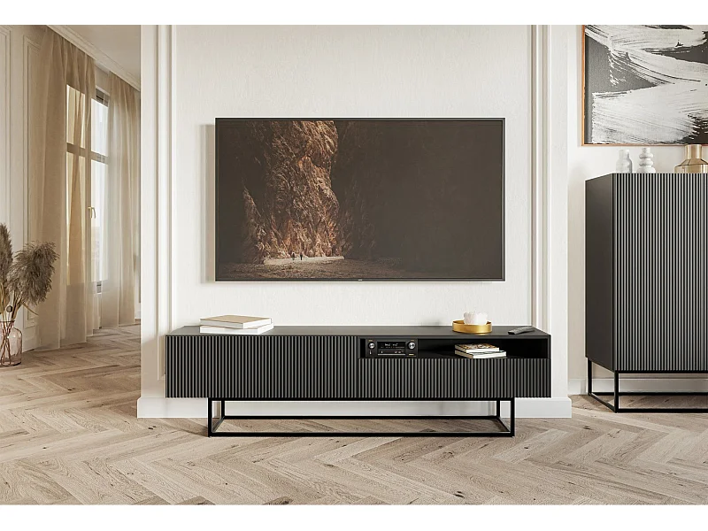 TV-Lowboard mit offenem Fach - Schwarz mit goldenem Metallgestell - 175 cm - Veldio