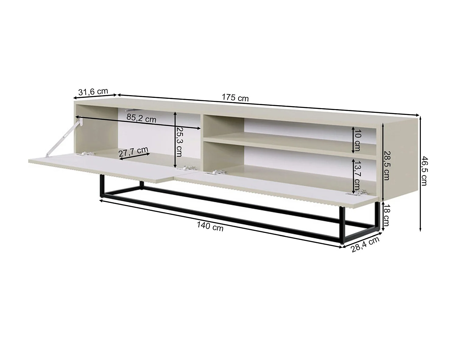 TV-Lowboard mit offenem Fach - Schwarz mit goldenem Metallgestell - 175 cm - Veldio