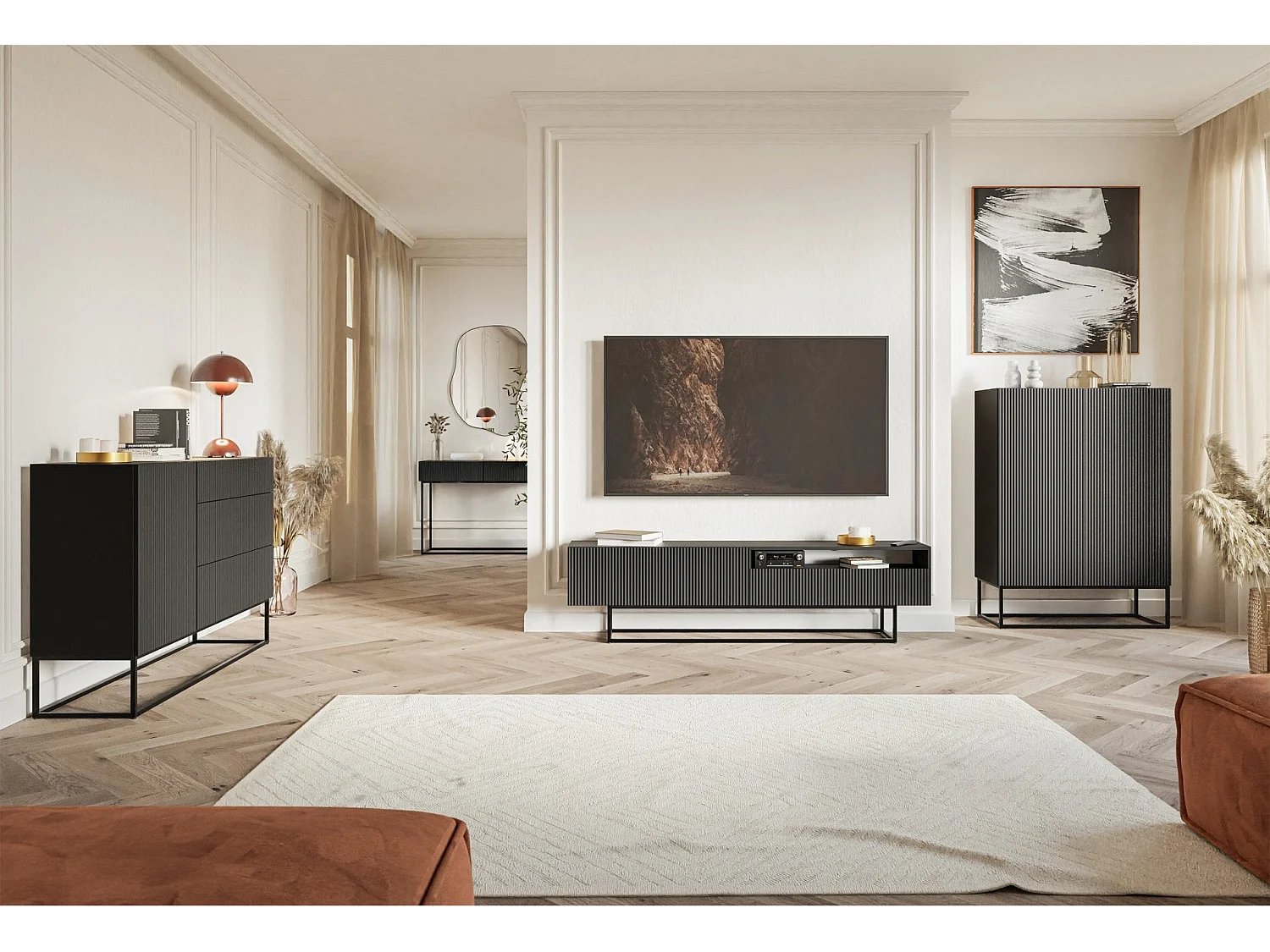 Meuble TV avec niche sur pieds noir - 175 cm - noir - VELDIO