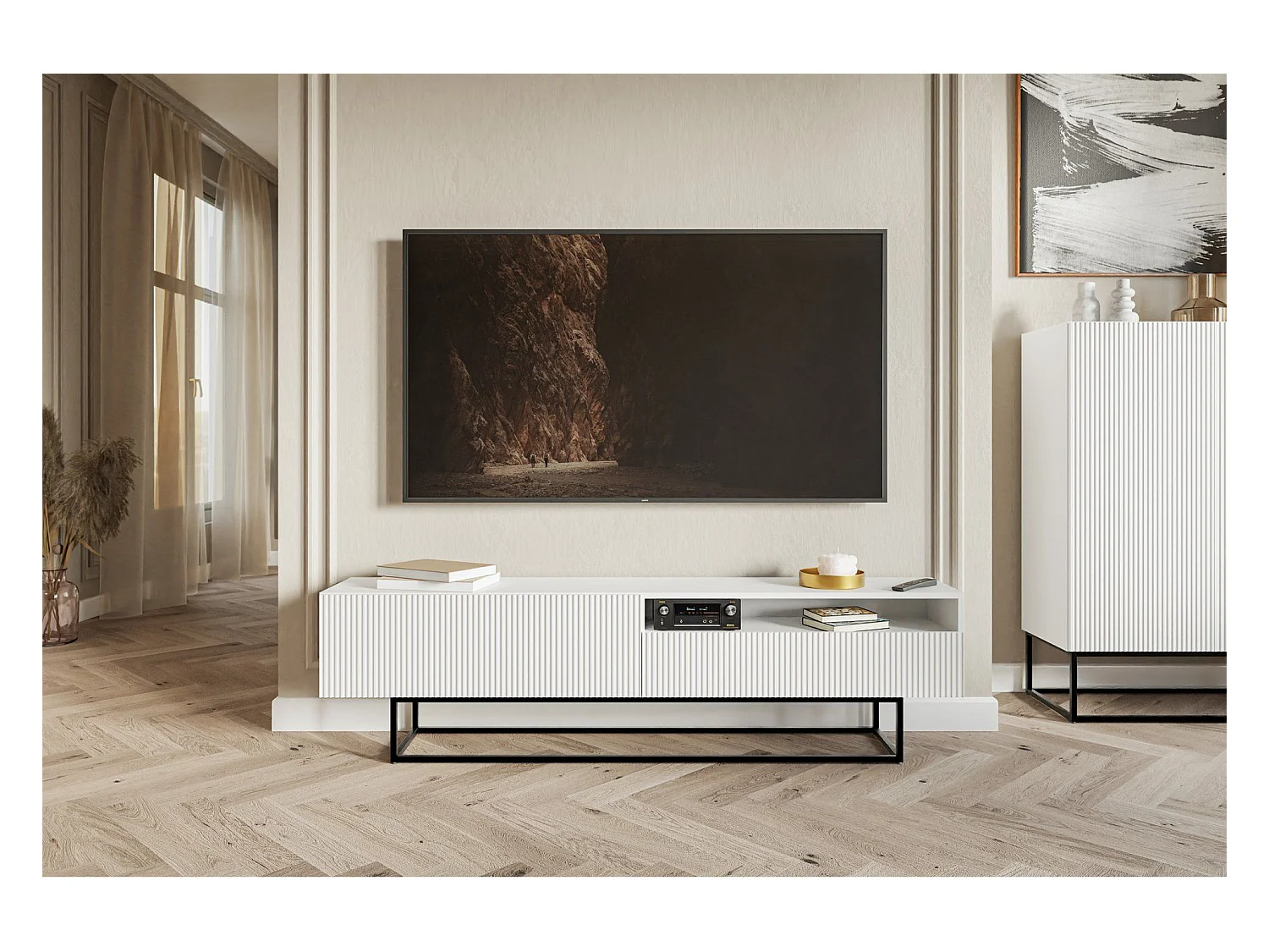 Meuble TV avec niche sur pieds noir - 175 cm - blanc - VELDIO