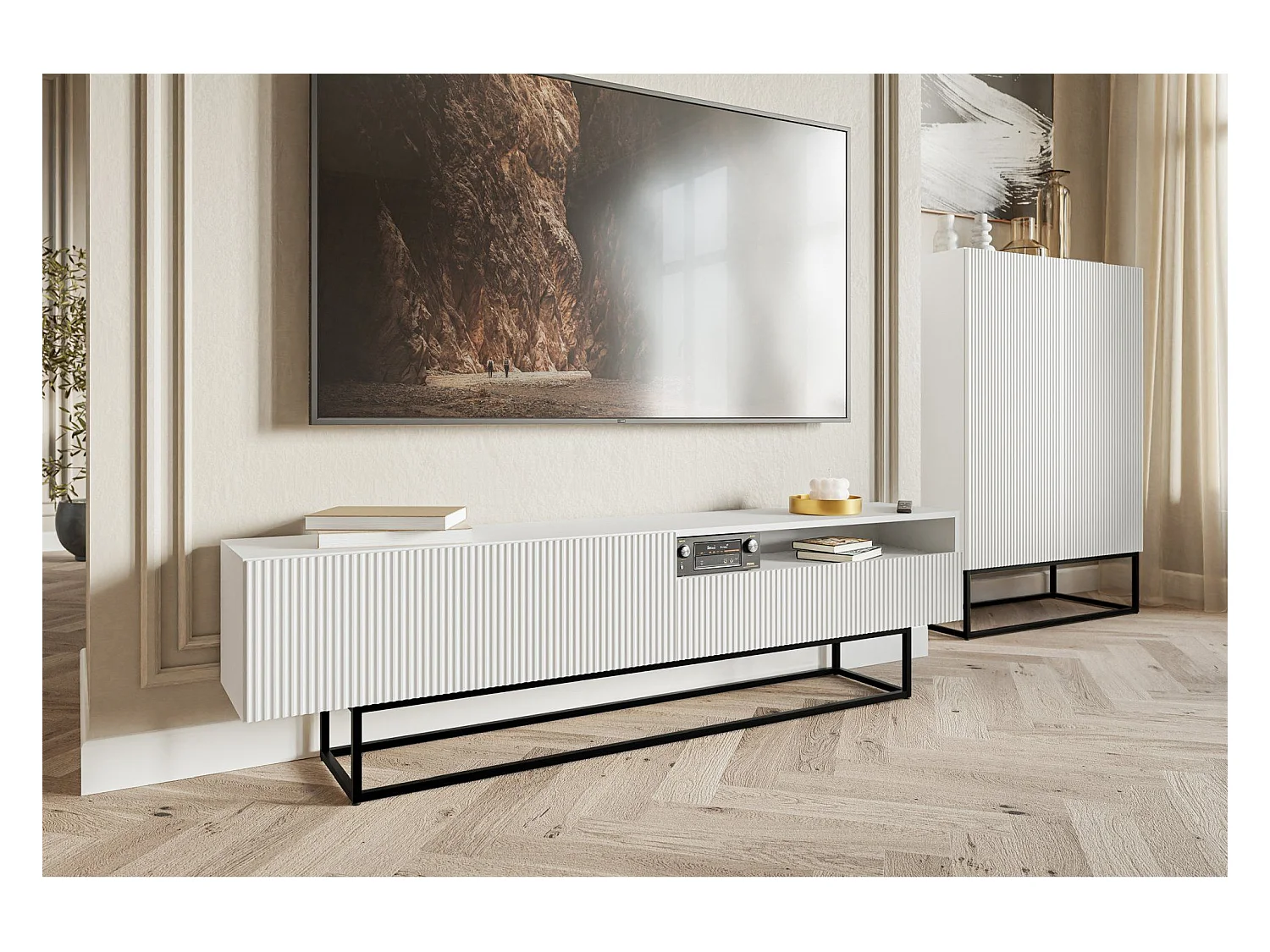 Meuble TV avec niche sur pieds noir - 175 cm - blanc - VELDIO