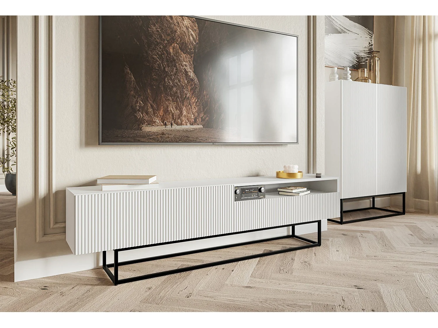 Meuble TV avec niche sur pieds noir - 175 cm - blanc - VELDIO