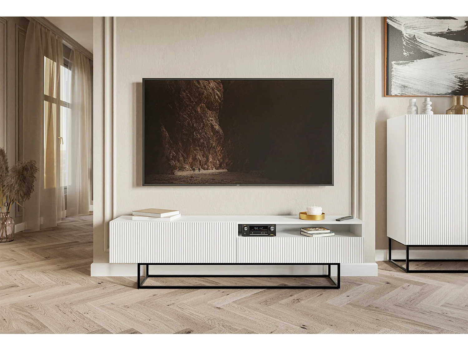 Meuble TV avec niche sur pieds noir - 175 cm - blanc - VELDIO