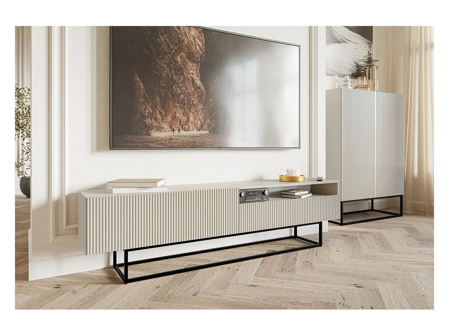 TV-Lowboard mit offenem Fach - Greige mit schwarzem Metallgestell - 175 cm - Veldio