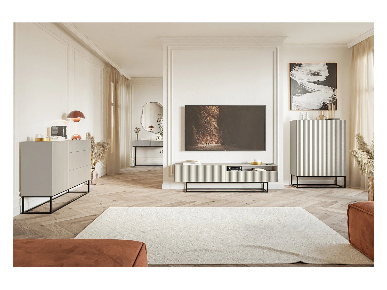 TV-Lowboard mit offenem Fach - Greige mit schwarzem Metallgestell - 175 cm - Veldio