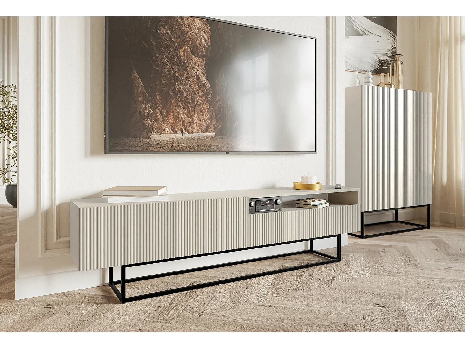 TV-Lowboard mit offenem Fach - Greige mit schwarzem Metallgestell - 175 cm - Veldio