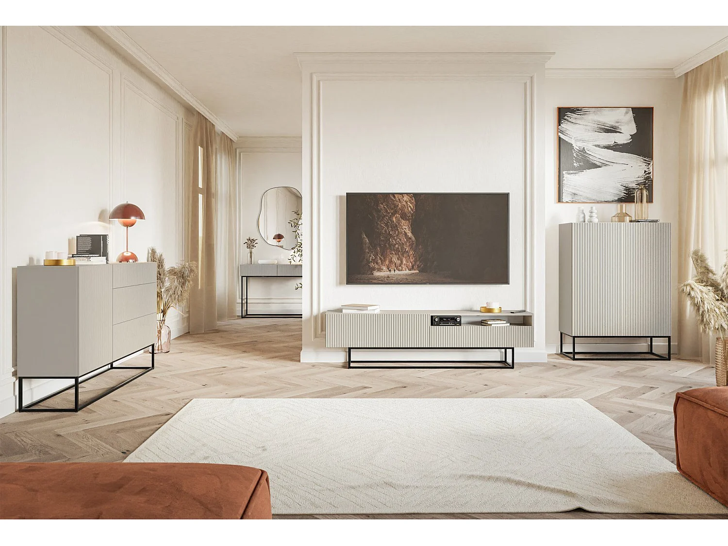 TV-Lowboard mit offenem Fach - Greige mit schwarzem Metallgestell - 175 cm - Veldio