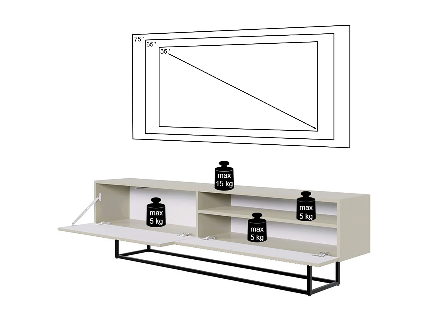 TV-Lowboard mit offenem Fach - Greige mit schwarzem Metallgestell - 175 cm - Veldio