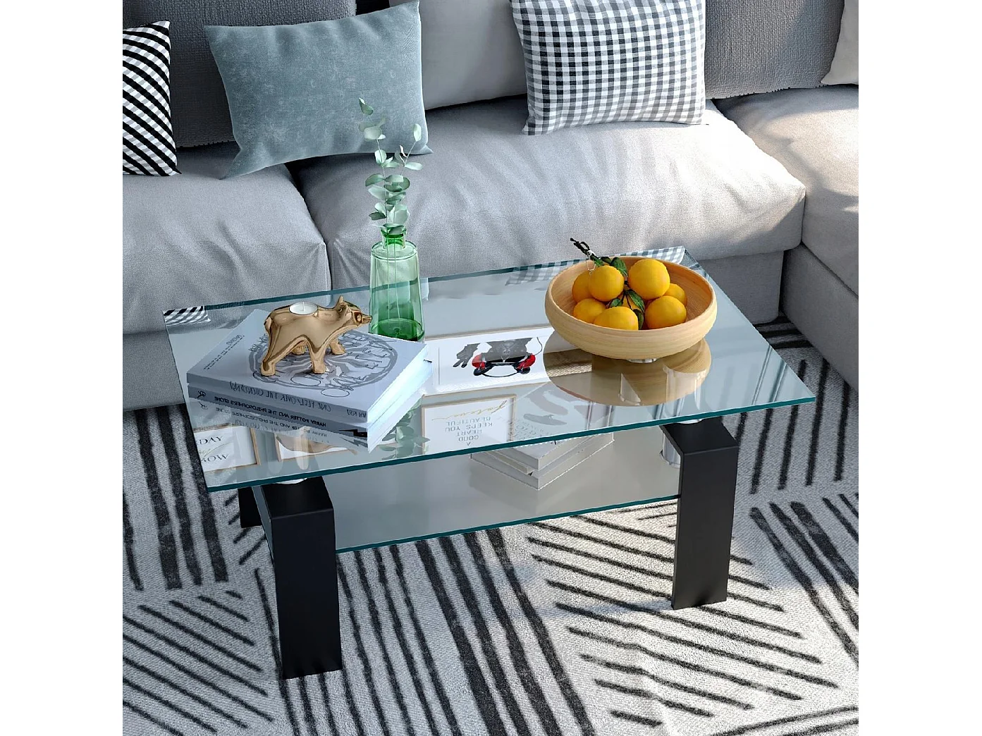 TABLE BASSES AVEC ÉTAGÈRE EN VERRE TREMPÉ ET MÉTAL