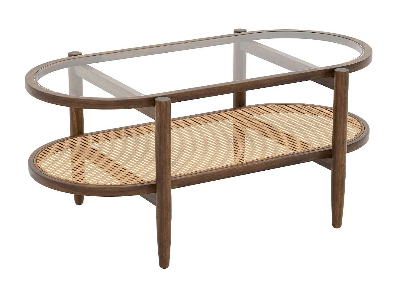 Table Basse Ovale en Verre Trempé avec Cadre en Bois d'Acacia Table de Salon 2 Niveaux avec Étagère Ouverte en Rotin PE Marron