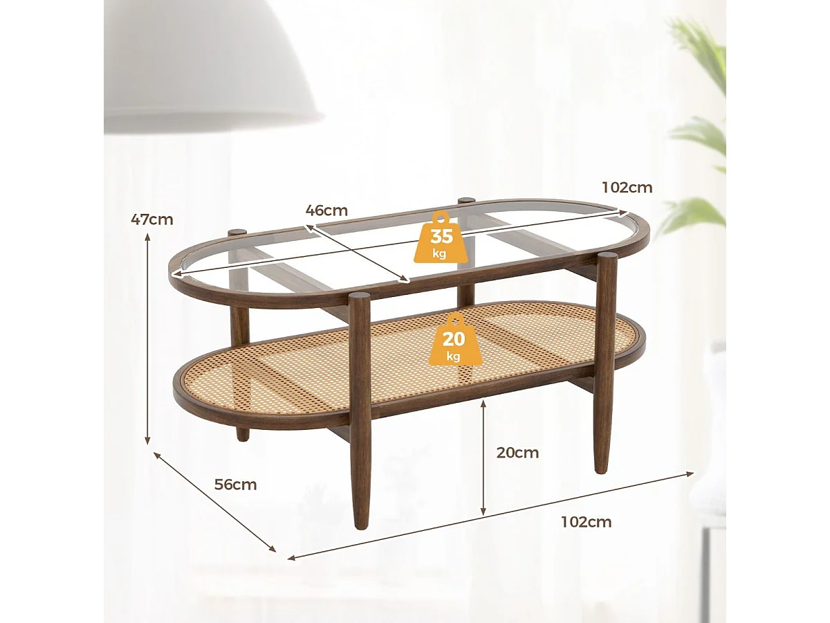 Table Basse Ovale en Verre Trempé avec Cadre en Bois d'Acacia Table de Salon 2 Niveaux avec Étagère Ouverte en Rotin PE Marron