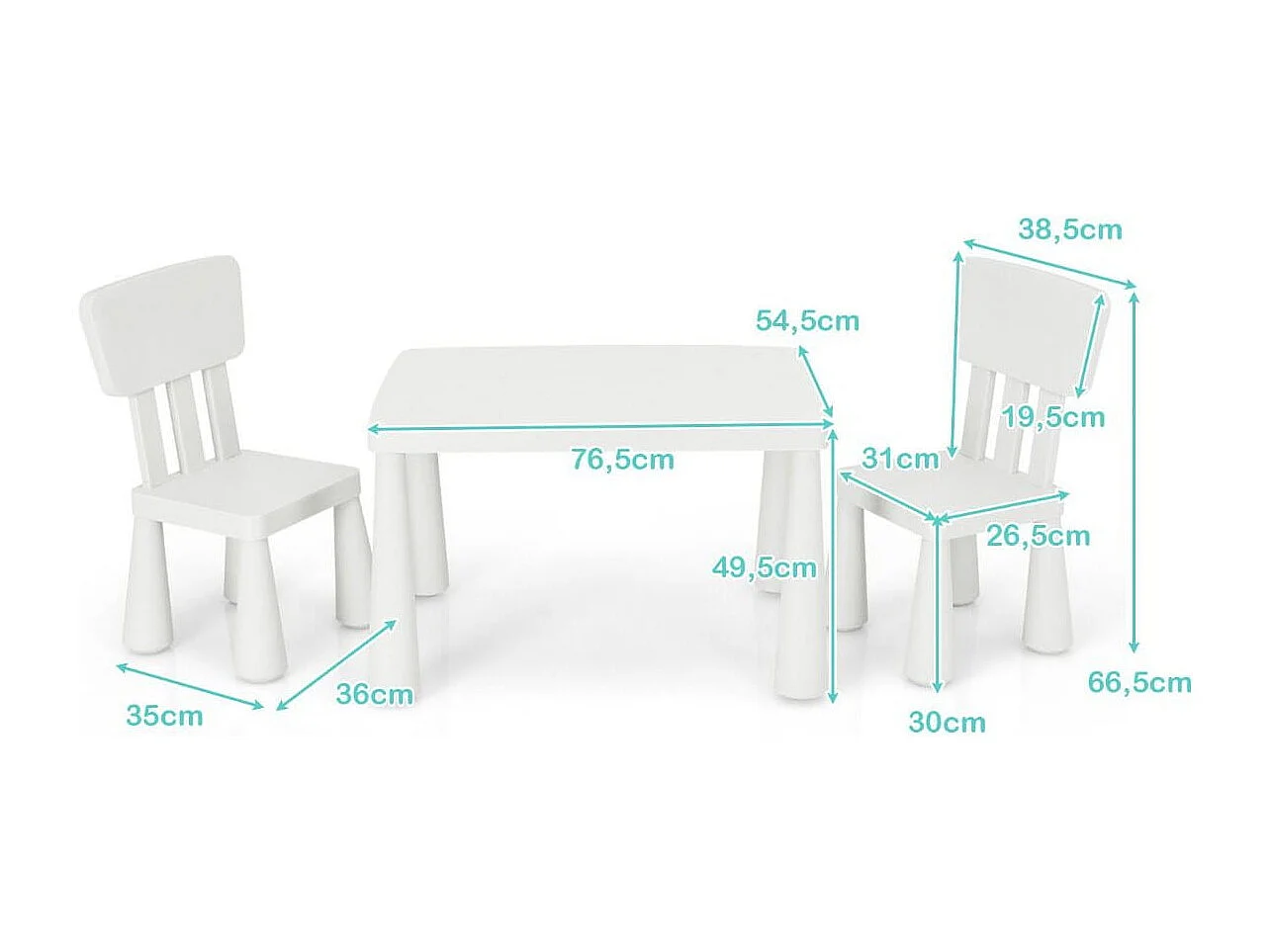3 TLG. Kindersitzgruppe Kindertisch mit 2 Stühlen Kindermöbel aus Kunststoff Weiß