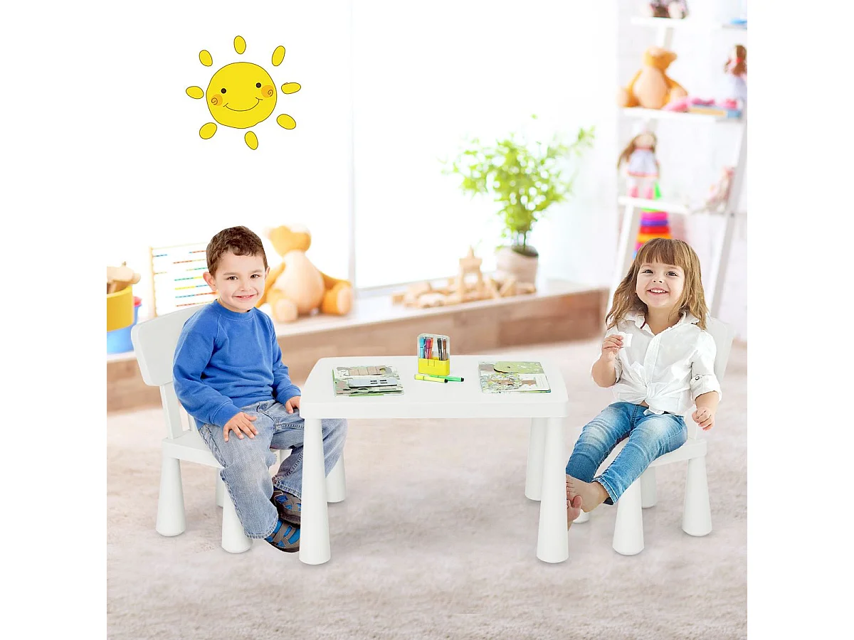 3 TLG. Kindersitzgruppe Kindertisch mit 2 Stühlen Kindermöbel aus Kunststoff Weiß