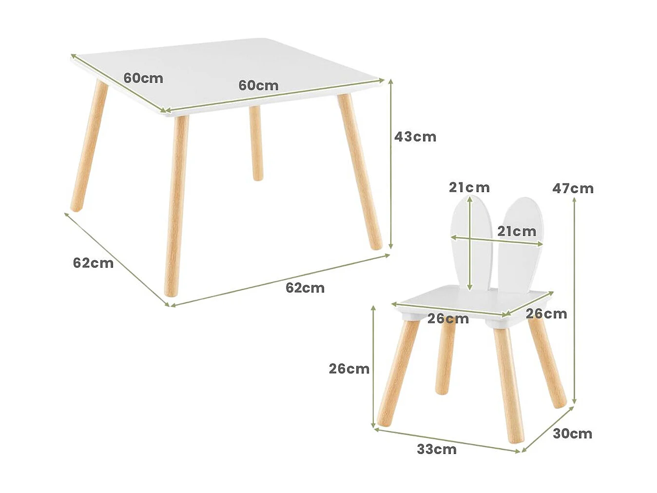Set tavolo sedie per bambini 3 pezzi per arte, Tavolo e 2 sedie a coniglio gambe in legno massiccio Bianco