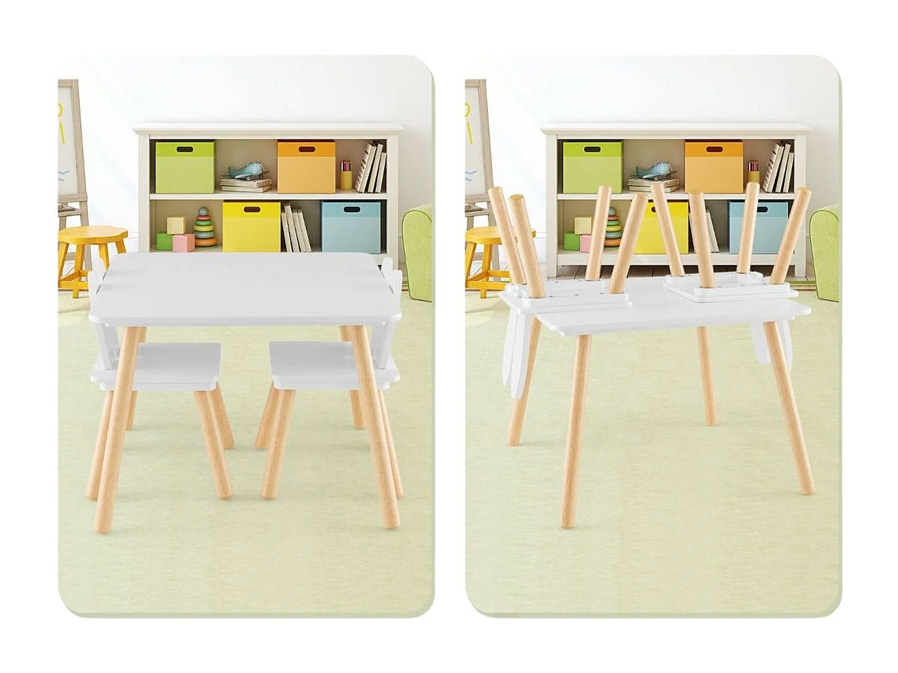 Set tavolo sedie per bambini 3 pezzi per arte, Tavolo e 2 sedie a coniglio gambe in legno massiccio Bianco