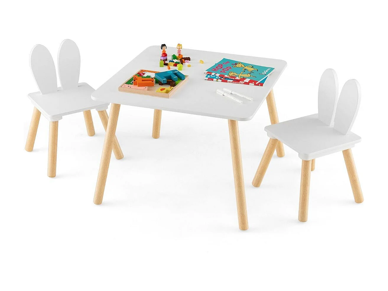Set tavolo sedie per bambini 3 pezzi per arte, Tavolo e 2 sedie a coniglio gambe in legno massiccio Bianco