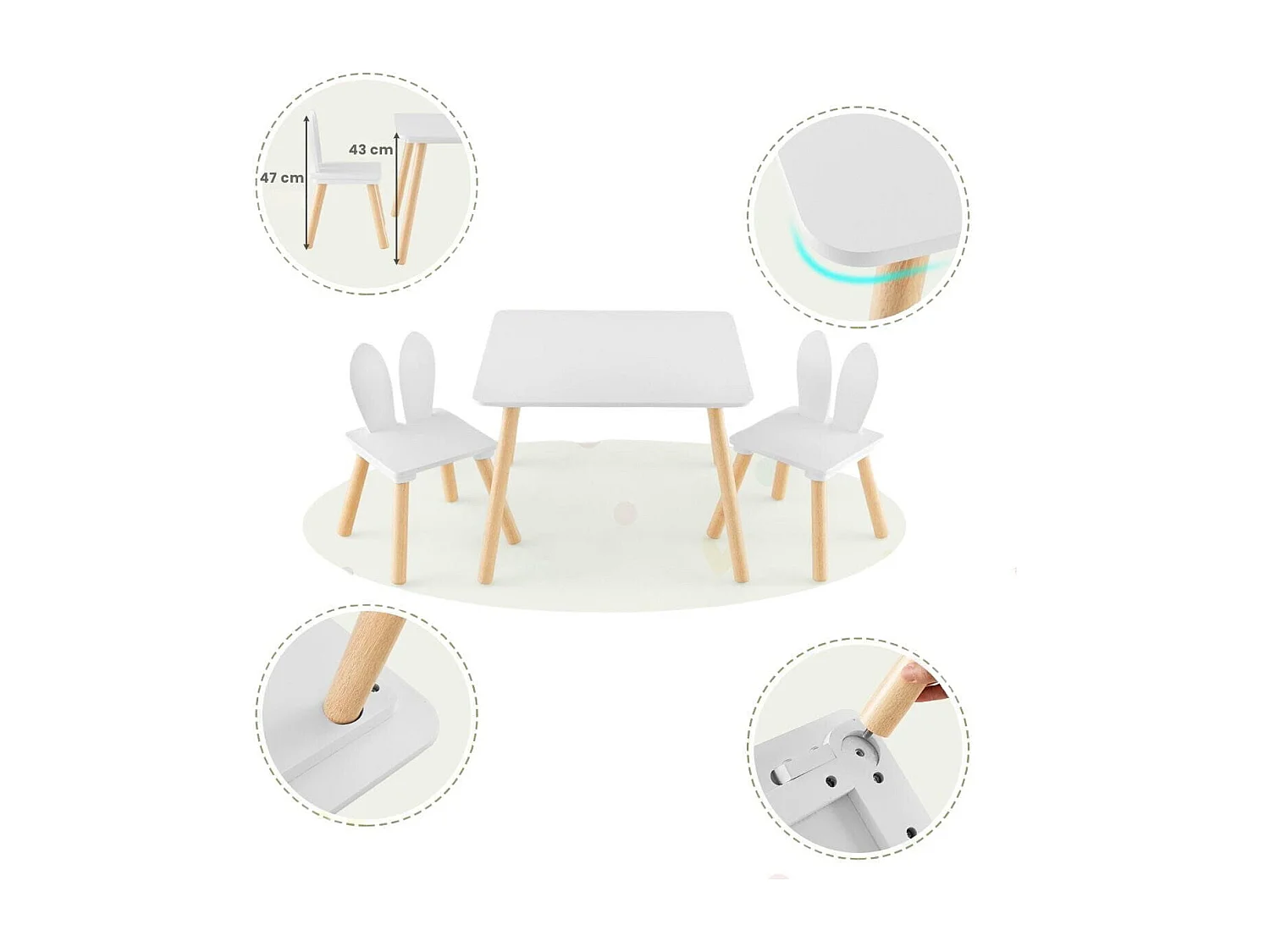 Set tavolo sedie per bambini 3 pezzi per arte, Tavolo e 2 sedie a coniglio gambe in legno massiccio Bianco