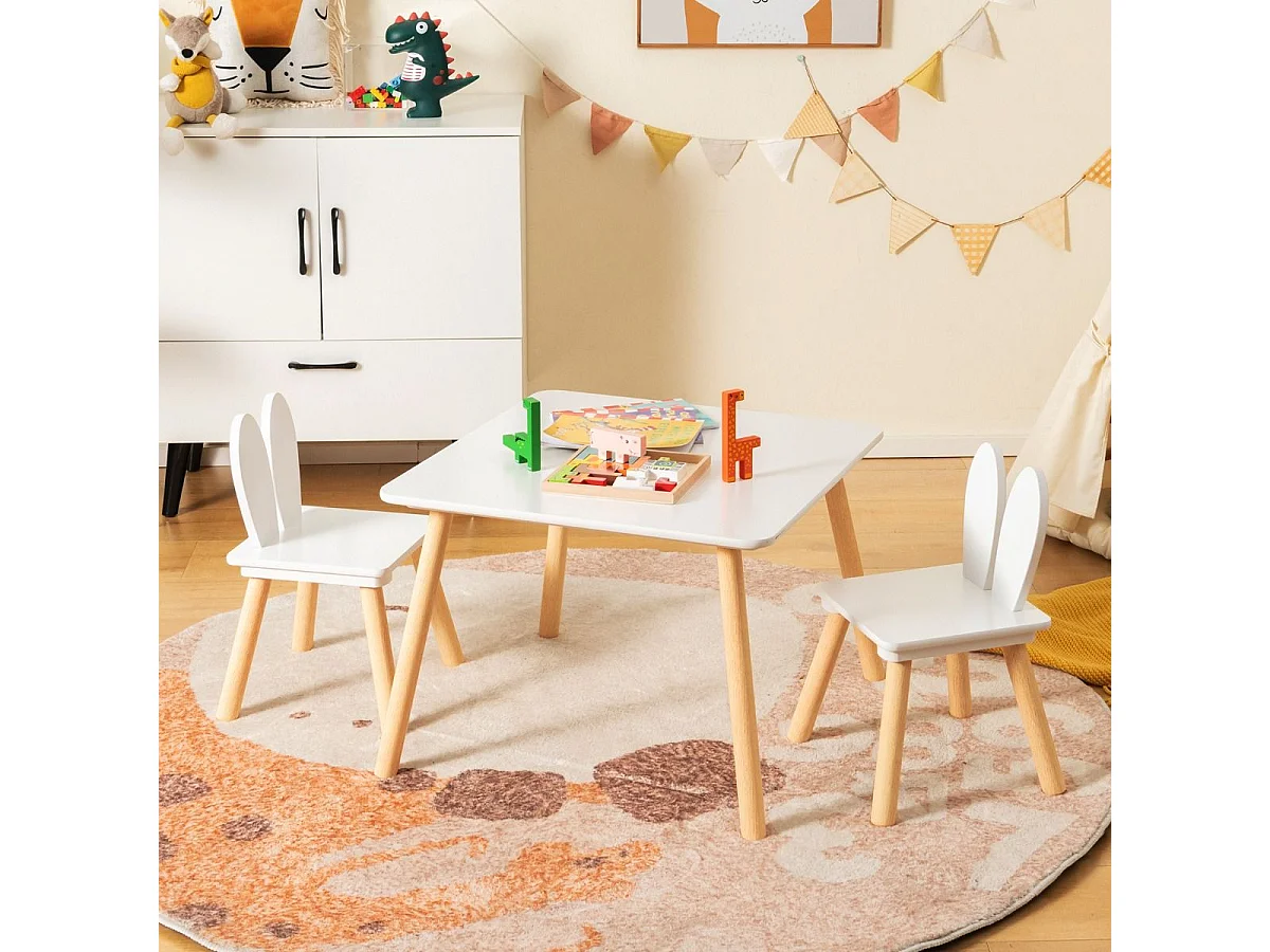 Set tavolo sedie per bambini 3 pezzi per arte, Tavolo e 2 sedie a coniglio gambe in legno massiccio Bianco