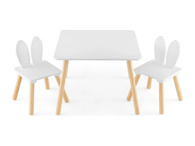 Kindertisch mit 2 Stühlen 3TLG. Kindersitzgruppe mit Massivholzbeine & Hasenohren Rückenlehne