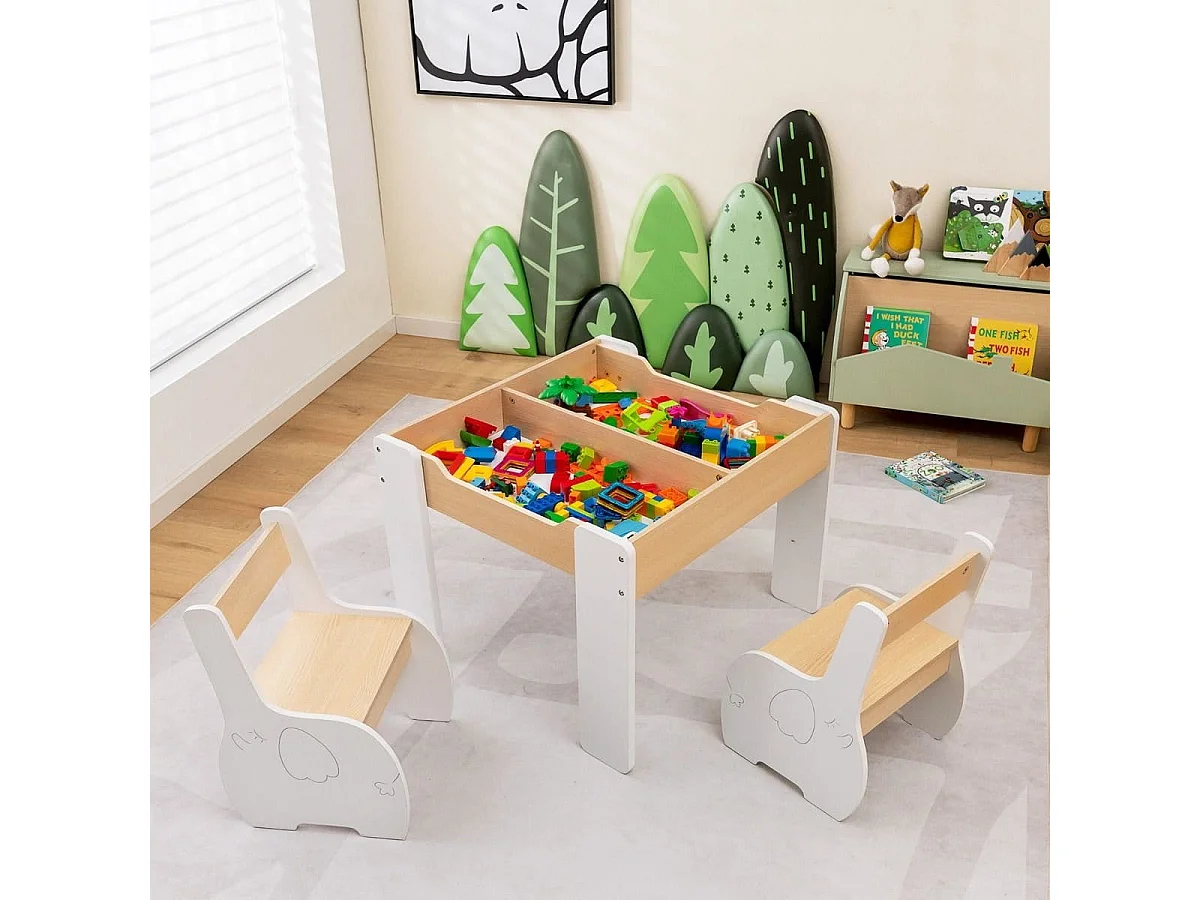 4 in 1 3tlg. Kindersitzgruppe aus Holz mit Abnehmbarer Tafel & Stauraum Weiß