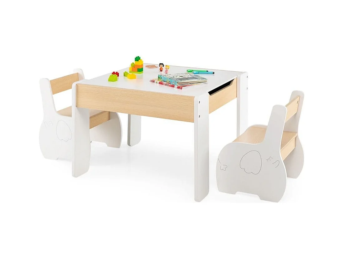 4 in 1 3tlg. Kindersitzgruppe aus Holz mit Abnehmbarer Tafel & Stauraum Weiß
