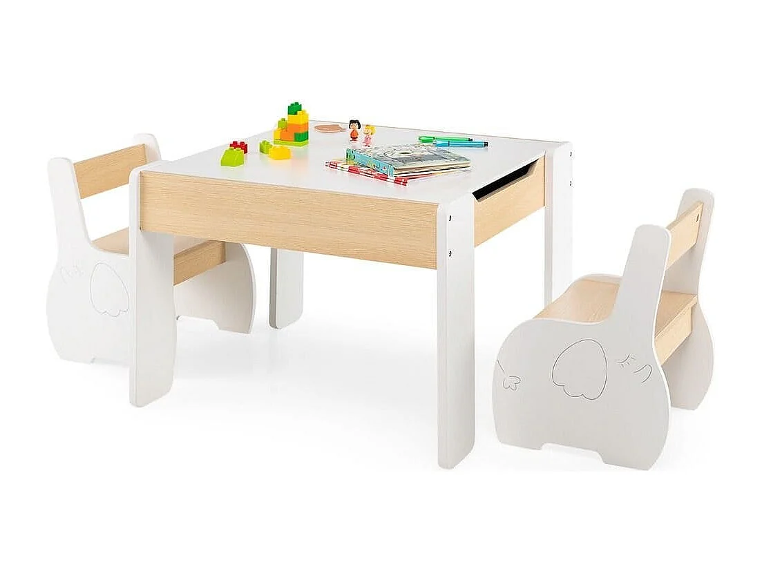 Ensemble Table et 2 Chaises 3 en 1 pour Enfant, Tableau 2 Face (Noir & Blanc ) avec Fonction de Stockage en Bois Blanc