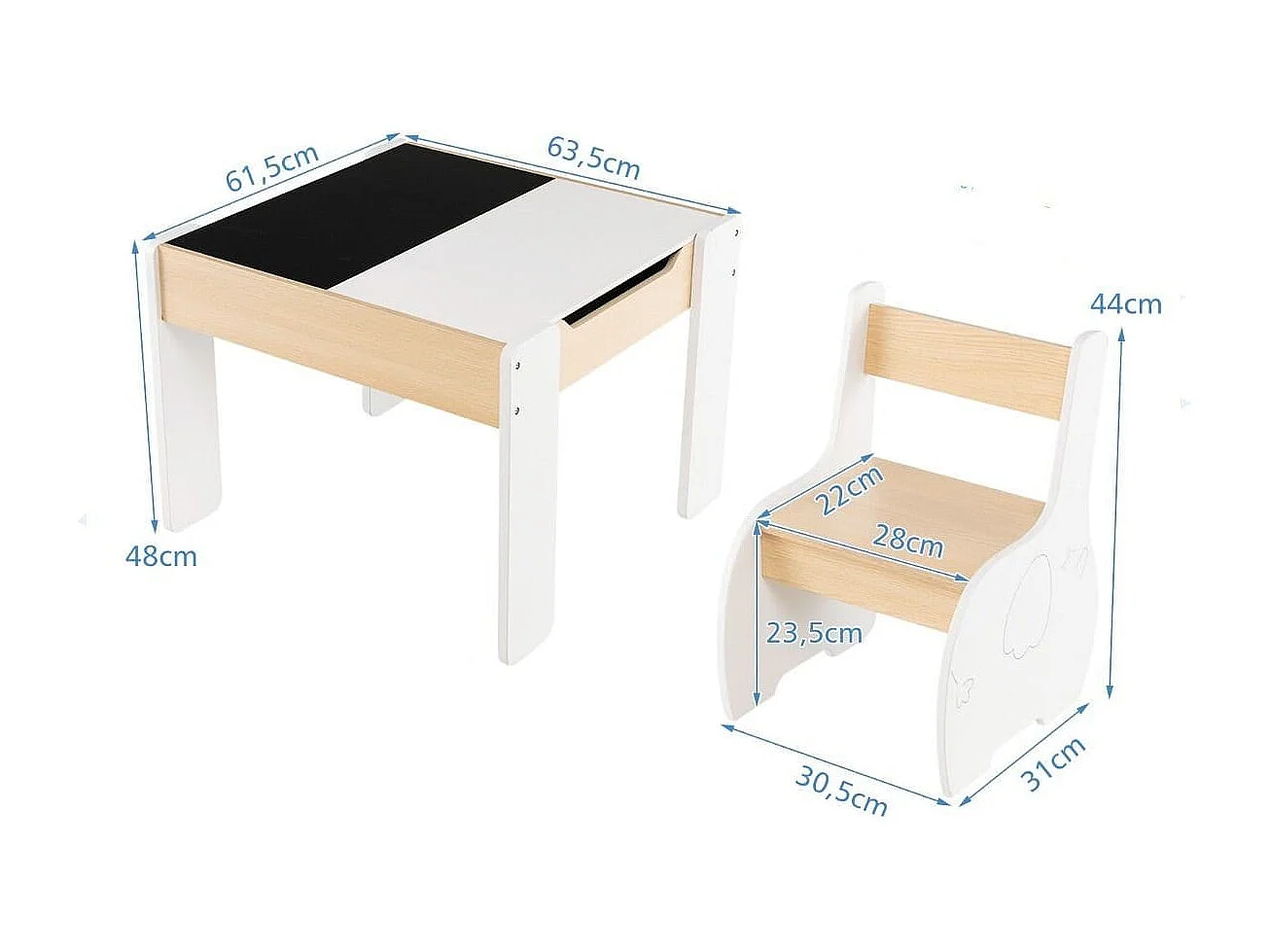 Ensemble Table et 2 Chaises 3 en 1 pour Enfant, Tableau 2 Face (Noir & Blanc ) avec Fonction de Stockage en Bois Blanc