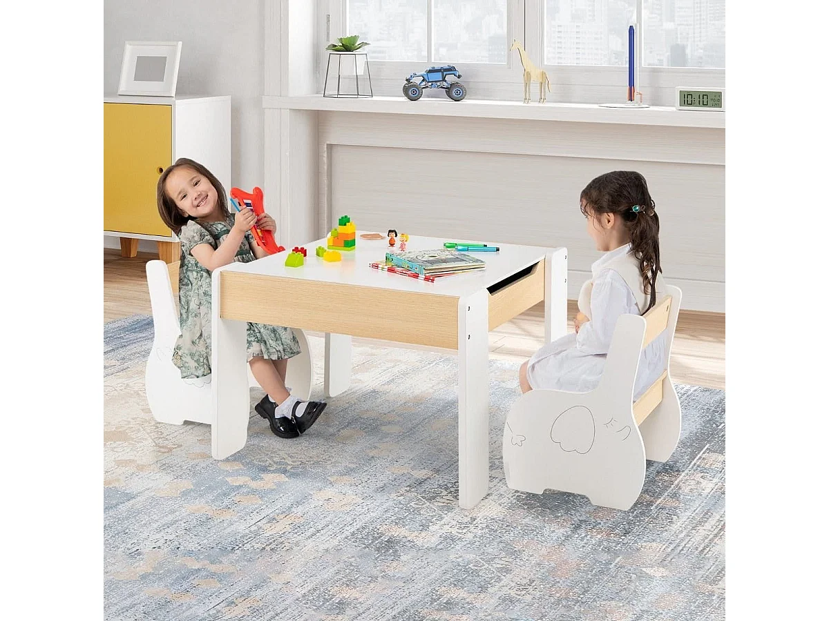 Ensemble Table et 2 Chaises 3 en 1 pour Enfant, Tableau 2 Face (Noir & Blanc ) avec Fonction de Stockage en Bois Blanc