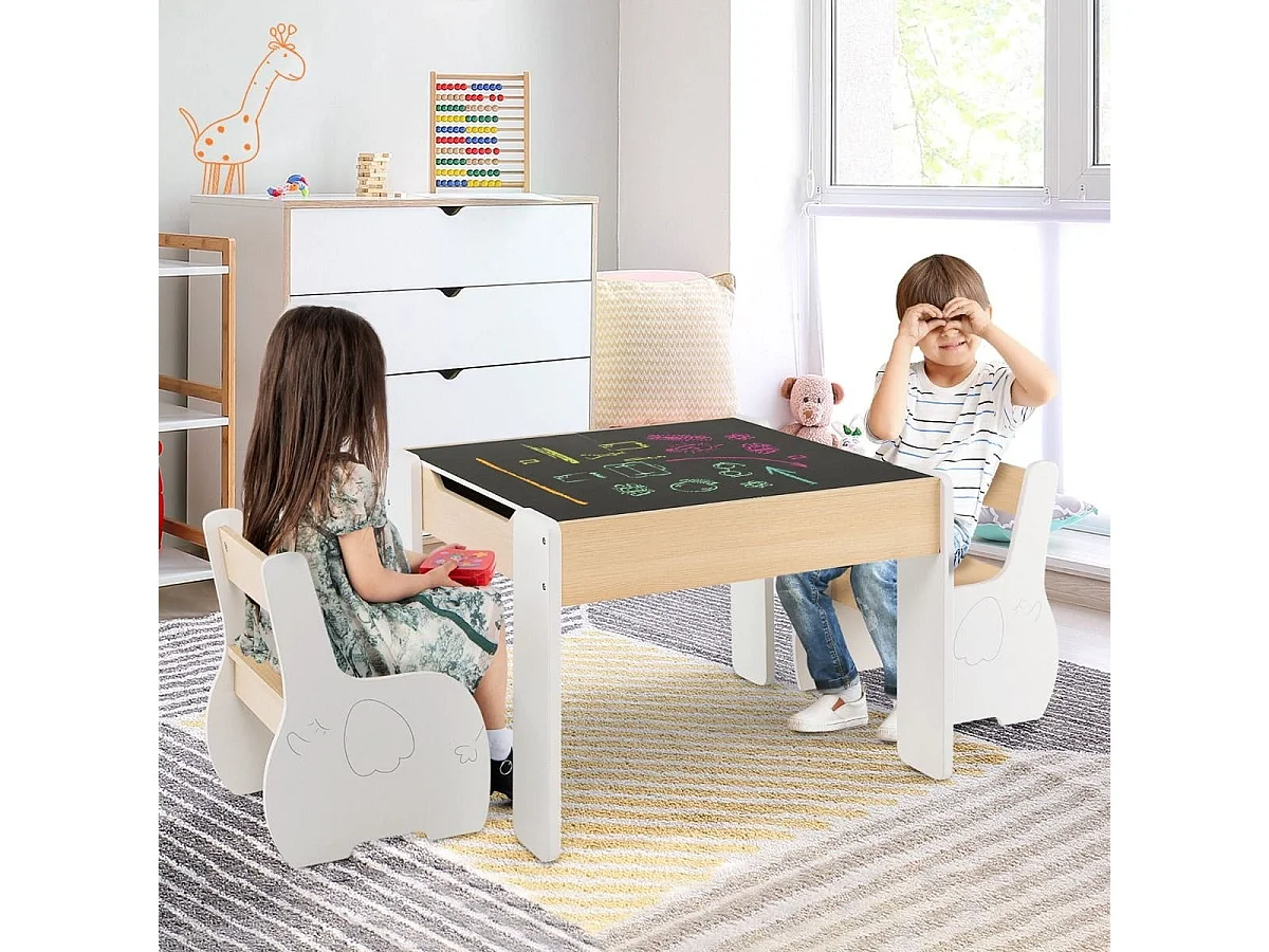 Ensemble Table et 2 Chaises 3 en 1 pour Enfant, Tableau 2 Face (Noir & Blanc ) avec Fonction de Stockage en Bois Blanc