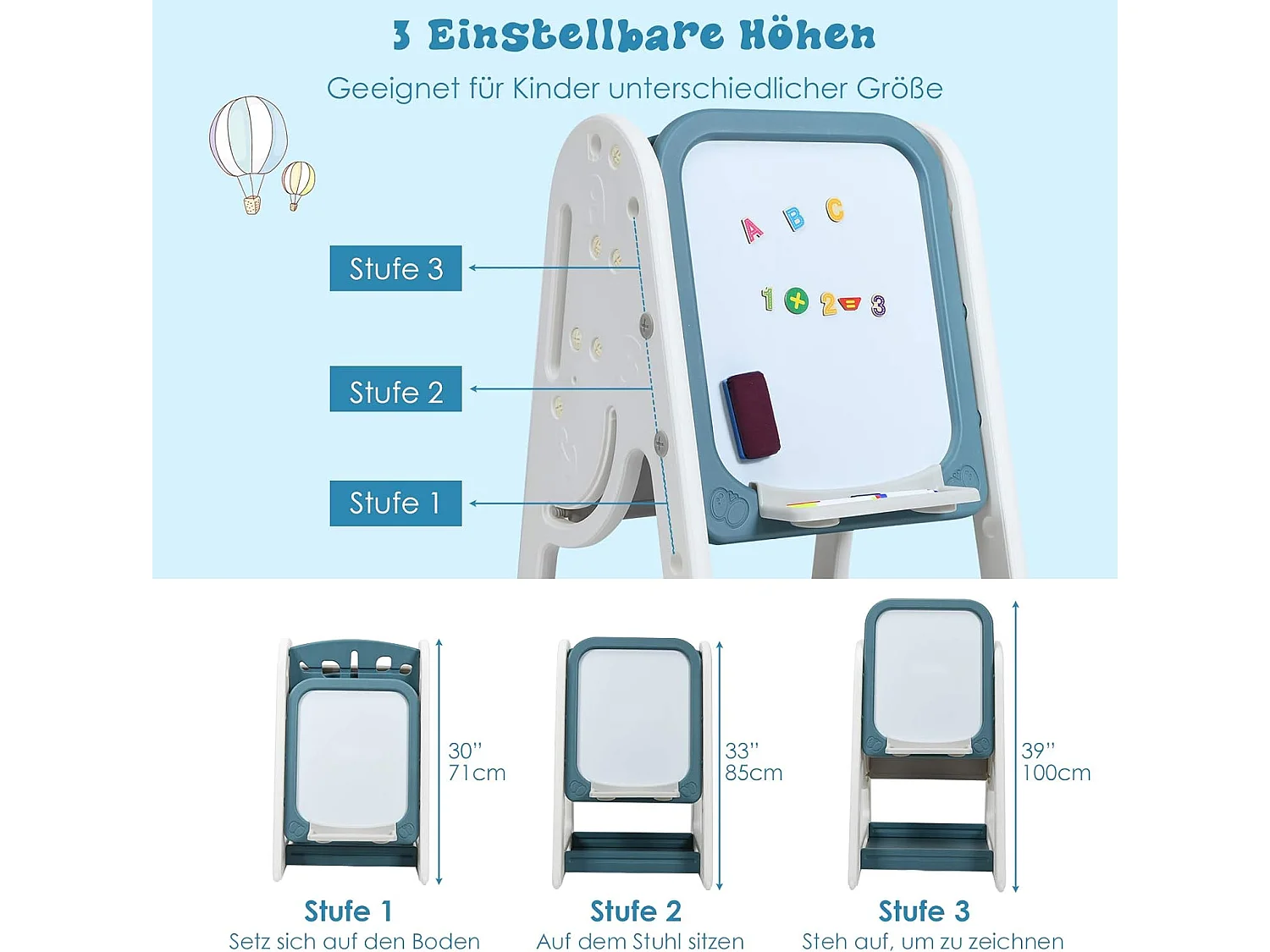 Lavagna magnetica per bambini 2 in 1 62,5 x 53 x 71-100 cm