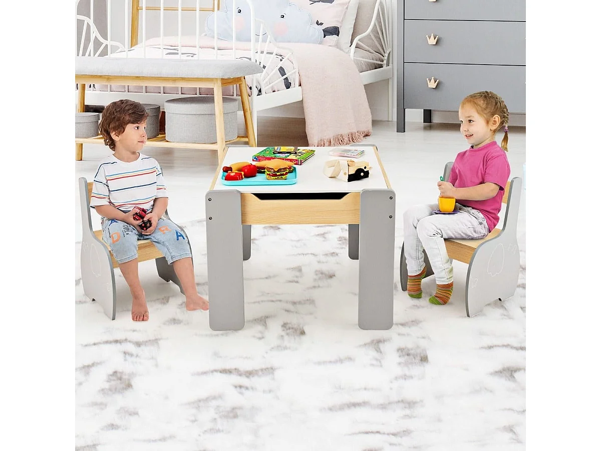 4 in 1 3tlg. Kindersitzgruppe aus Holz mit Abnehmbarer Tafel & Stauraum Grau