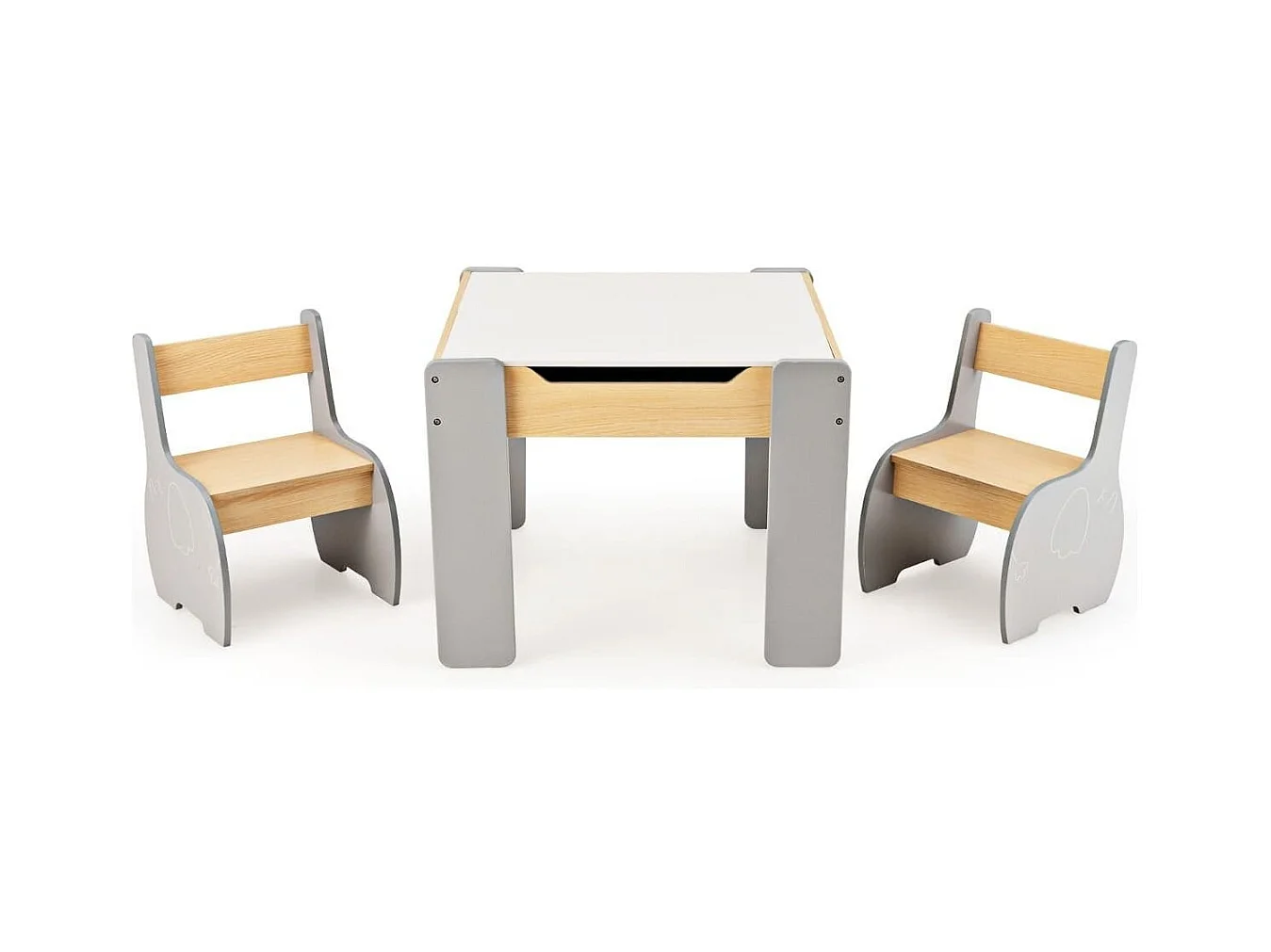 4 in 1 3tlg. Kindersitzgruppe aus Holz mit Abnehmbarer Tafel & Stauraum Grau