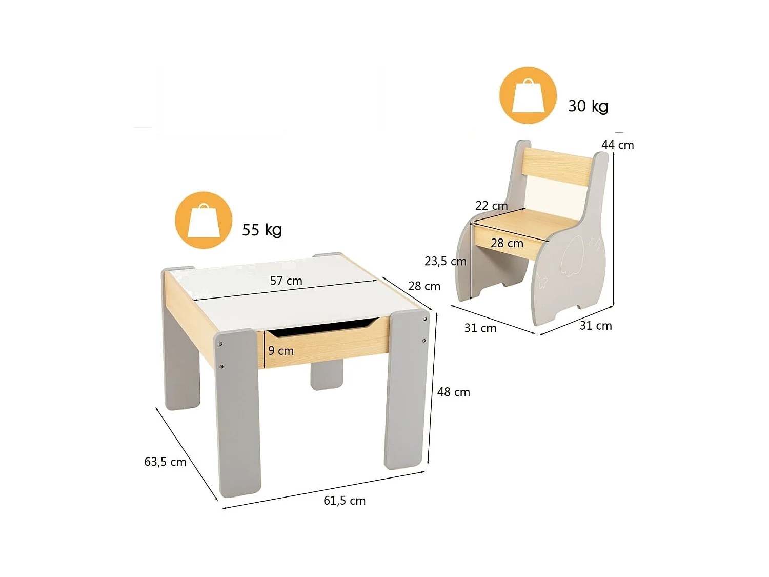 4 in 1 3tlg. Kindersitzgruppe aus Holz mit Abnehmbarer Tafel & Stauraum Grau