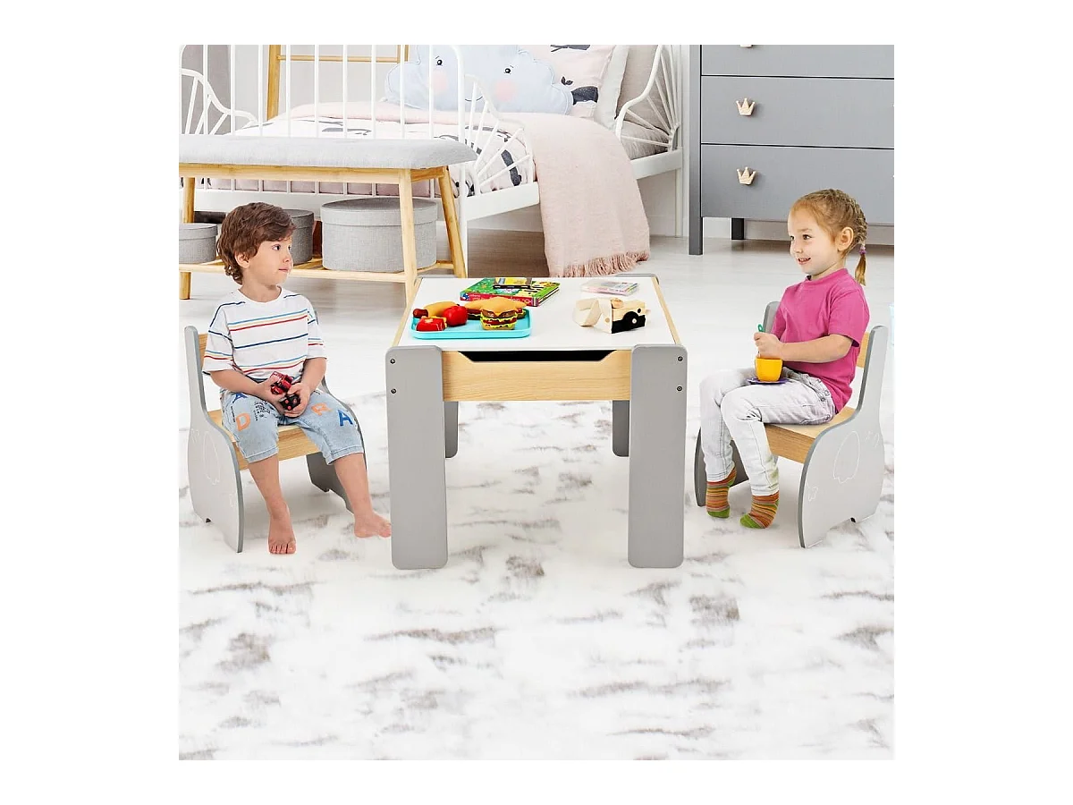 4 in 1 3tlg. Kindersitzgruppe aus Holz mit Abnehmbarer Tafel & Stauraum Grau