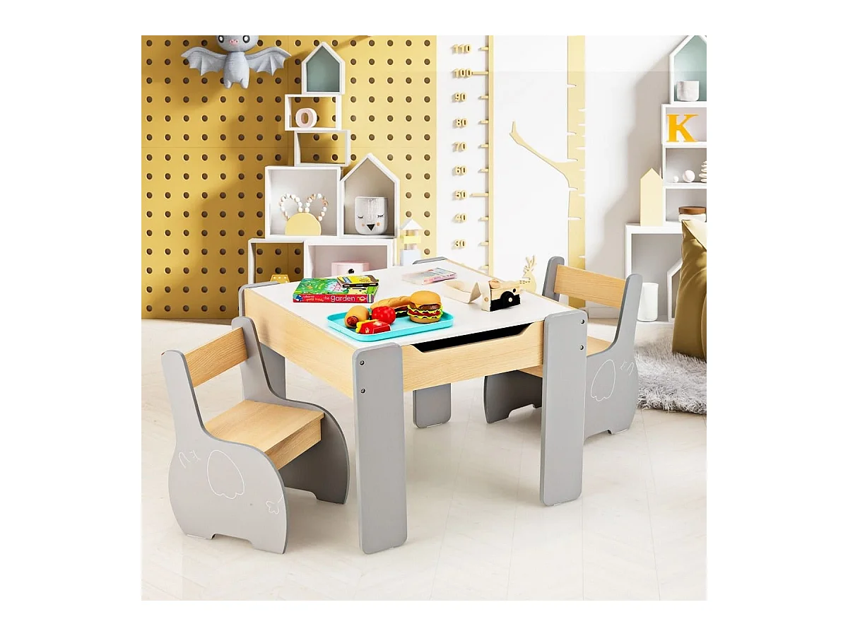 4 in 1 3tlg. Kindersitzgruppe aus Holz mit Abnehmbarer Tafel & Stauraum Grau