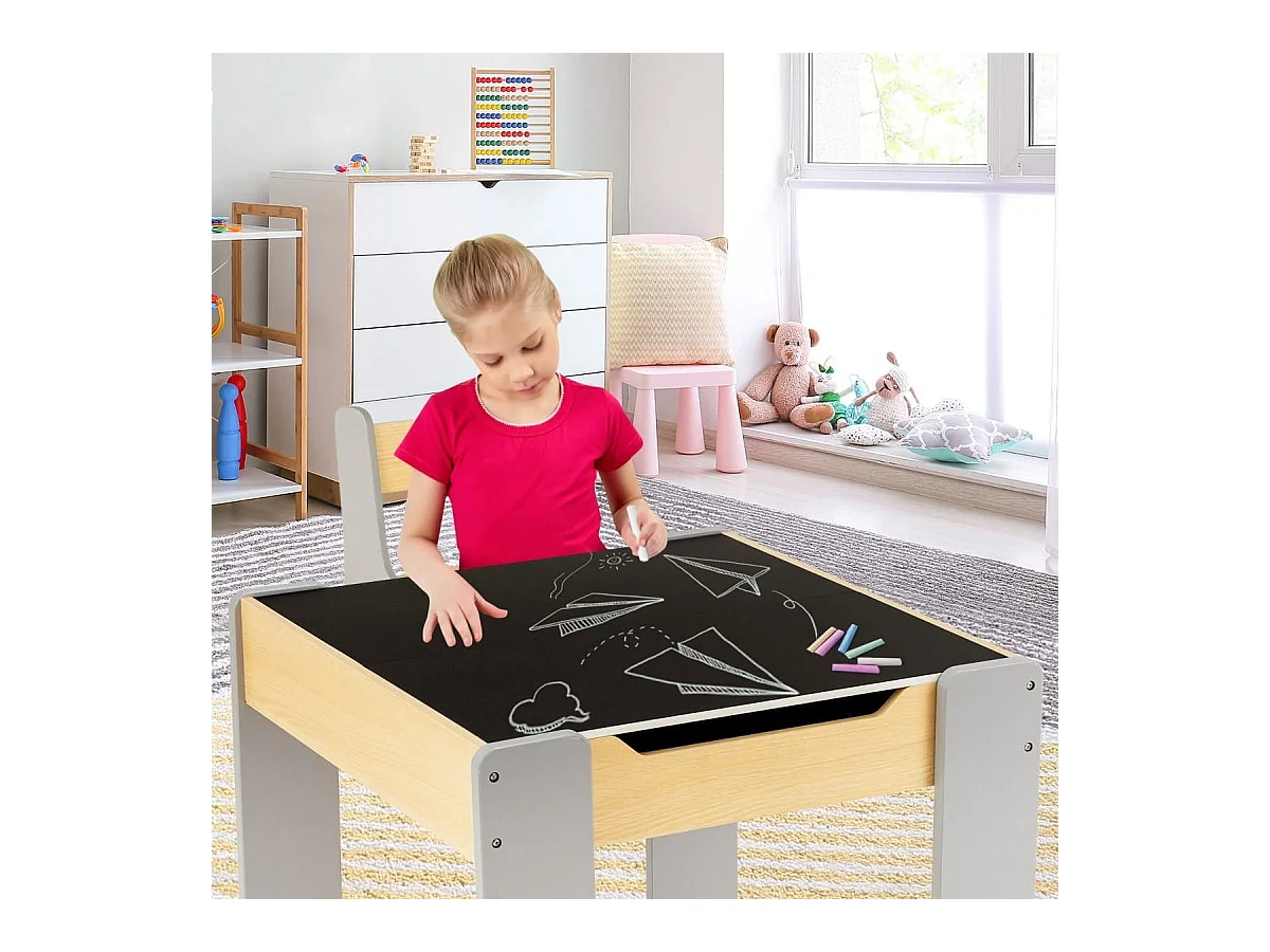 4 in 1 3tlg. Kindersitzgruppe aus Holz mit Abnehmbarer Tafel & Stauraum Grau