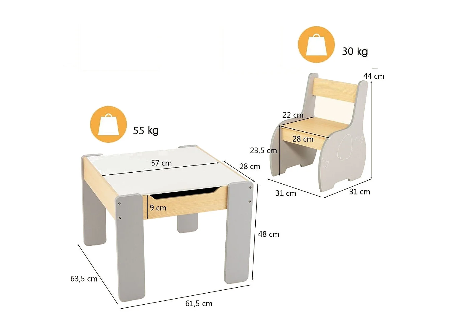 4 in 1 3tlg. Kindersitzgruppe aus Holz mit Abnehmbarer Tafel & Stauraum Grau