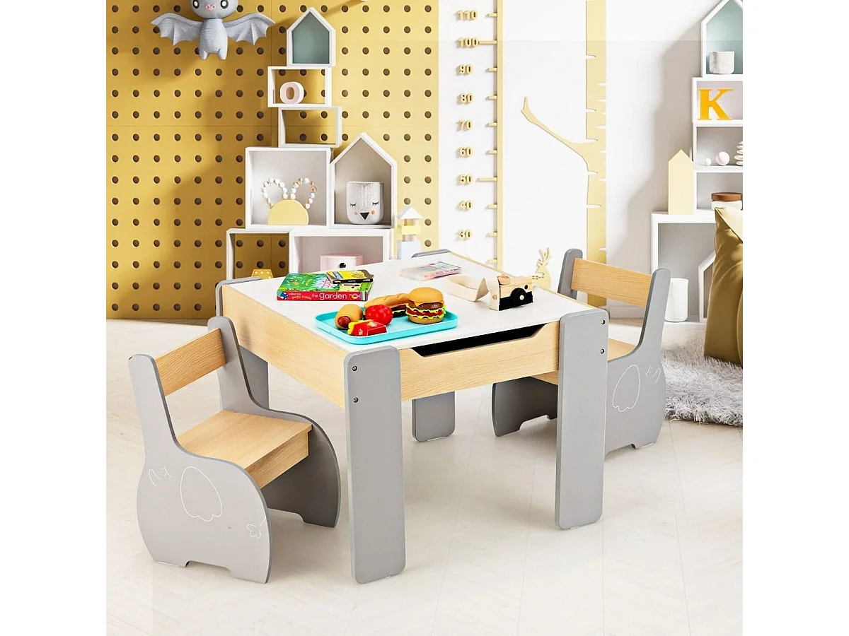 4 in 1 3tlg. Kindersitzgruppe aus Holz mit Abnehmbarer Tafel & Stauraum Grau