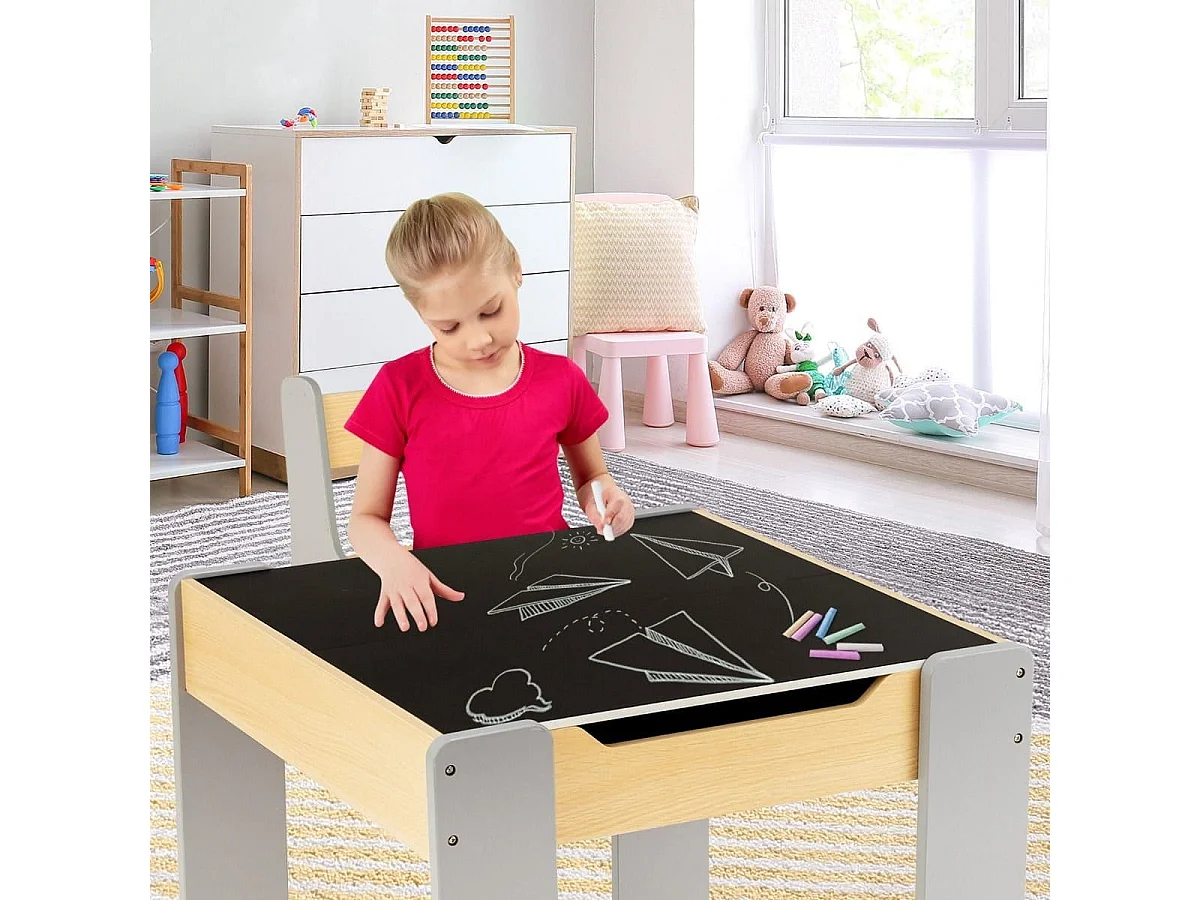 4 in 1 3tlg. Kindersitzgruppe aus Holz mit Abnehmbarer Tafel & Stauraum Grau