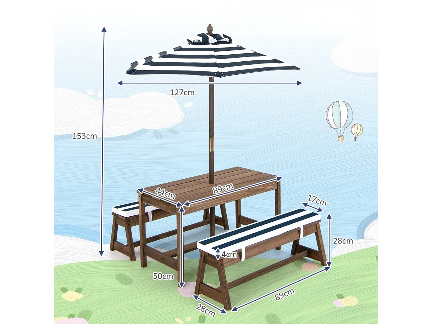 Ensemble de mobilier de jardin pour enfants : table avec parasol et 2 bancs