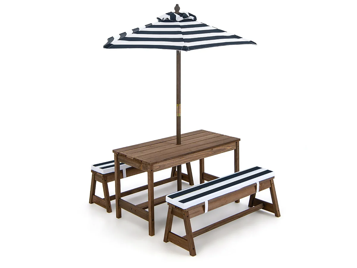 Ensemble de mobilier de jardin pour enfants : table avec parasol et 2 bancs