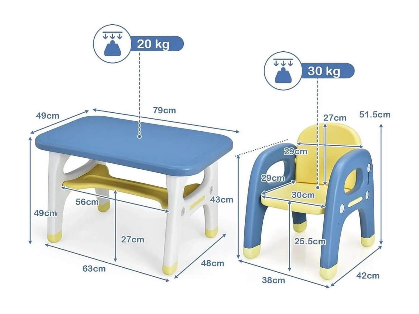 Ensemble Table et Chaise pour Enfants avec Décor Dinosaure Jeux de Construction Plateau de Rangement Plastique Bleu+Jaune